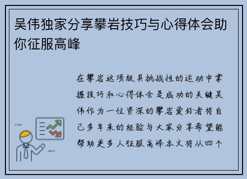 吴伟独家分享攀岩技巧与心得体会助你征服高峰